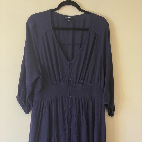 TORRID 3 Plus Size 3/4 sleeve peasant dress maxi button holes cottagecore indigo - Picture 2 of 9